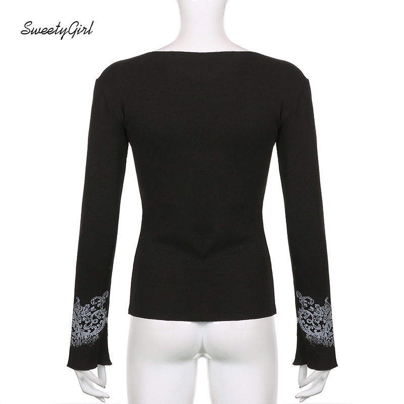 Áo Thun Tay Dài Cổ Chữ V In Họa Tiết Đôi Cánh Hoạt Hình Màu Tương Phản Dành Cho Nữ