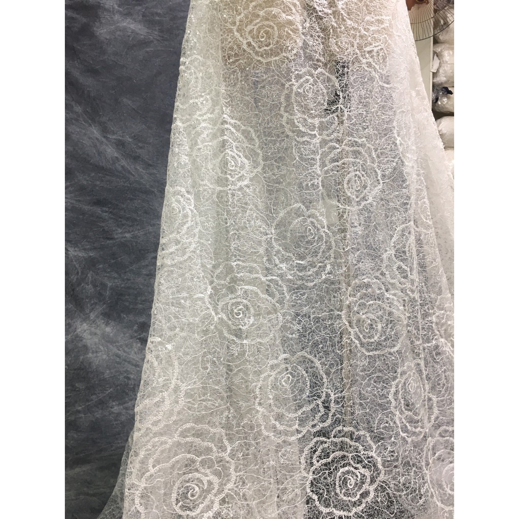 Vải Ren Trắng Hoa Hồng, Ren Kim Sa RM171004 Khổ 1,6m. Vải Renn May Đầm, Renn May Váy Cưới, Renn Thêu Hoa