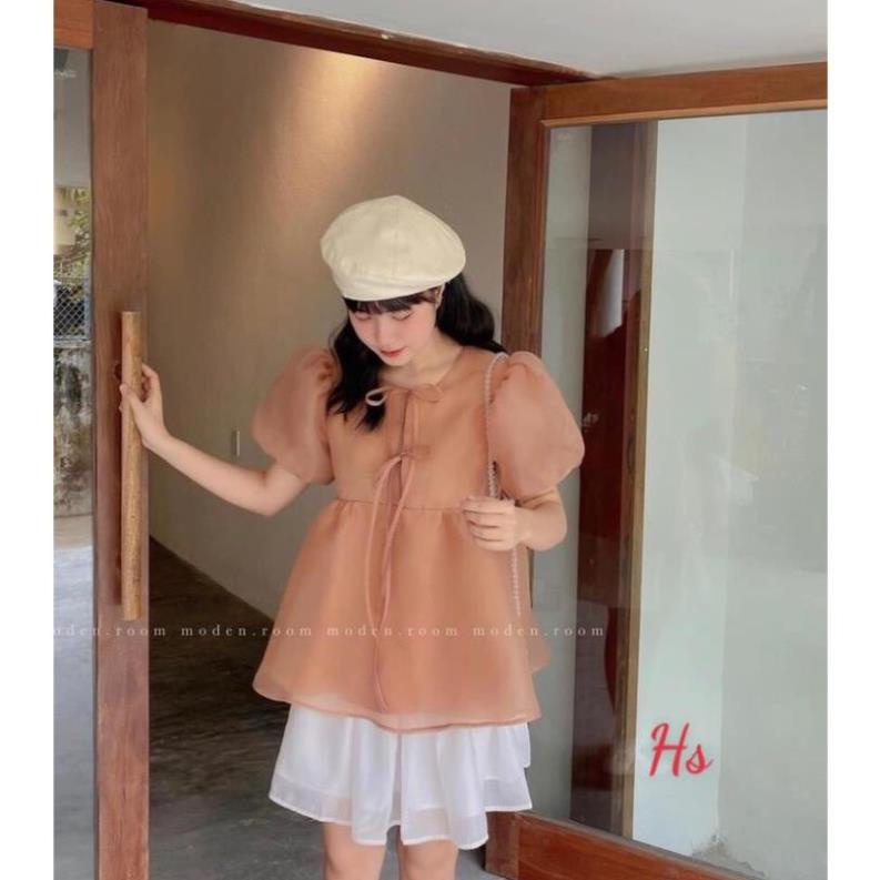 SALE- Set Bộ Áo Babydoll Nơ Ngực Chân Váy Xòe Chất Voan dưới 60kg - Váy Nữ Áo Tay Bồng Kính 2 Màu X0123