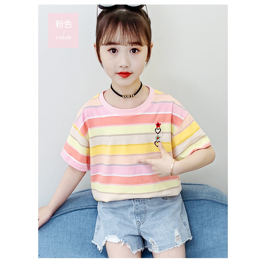 Áo phông bé gái size đai từ 20 -50kg màu cầu vồng thêu hoa-trái tim ngực AH02