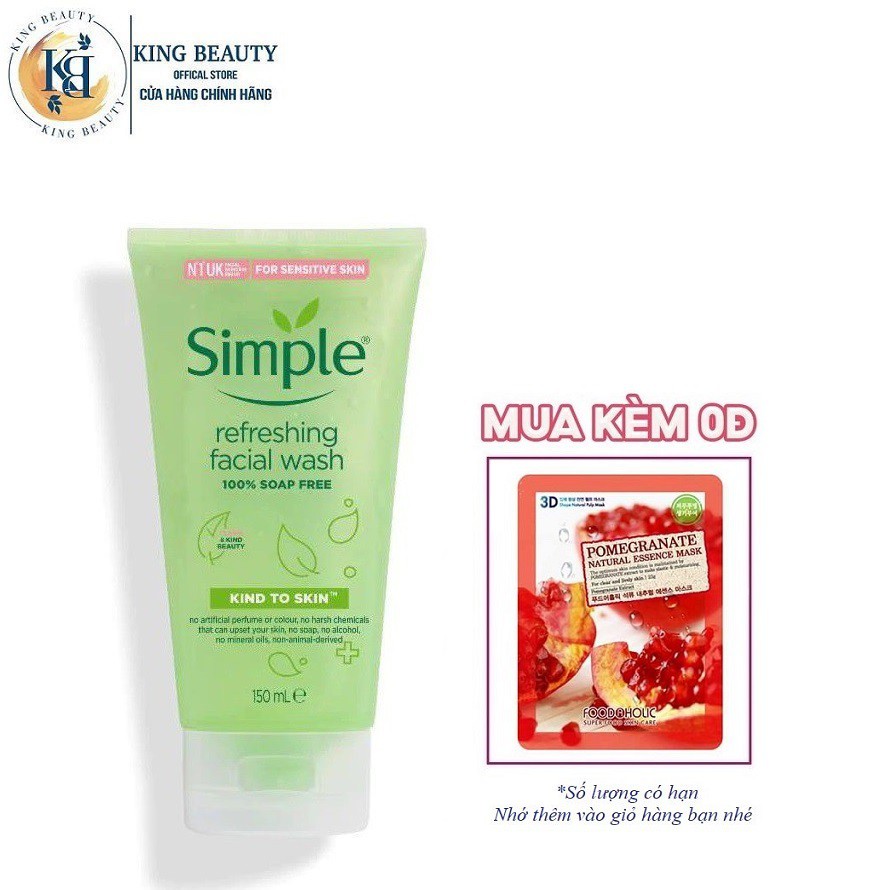 Sữa Rửa Mặt Làm Sạch Sâu, Dịu Nhẹ Cấp Ẩm Cho Da Simple Kind to Skin Refreshing Facial Wash 150ml