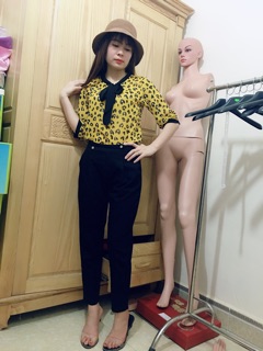 sơ mi da beo cổ buộc nơ