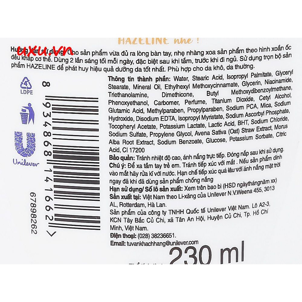 Sữa Dưỡng Thể 230Ml Hazeline Dưỡng Trắng Da Yến Mạch Dâu Tằm, Với uxu.vn Tất Cả Là Chính Hãng.