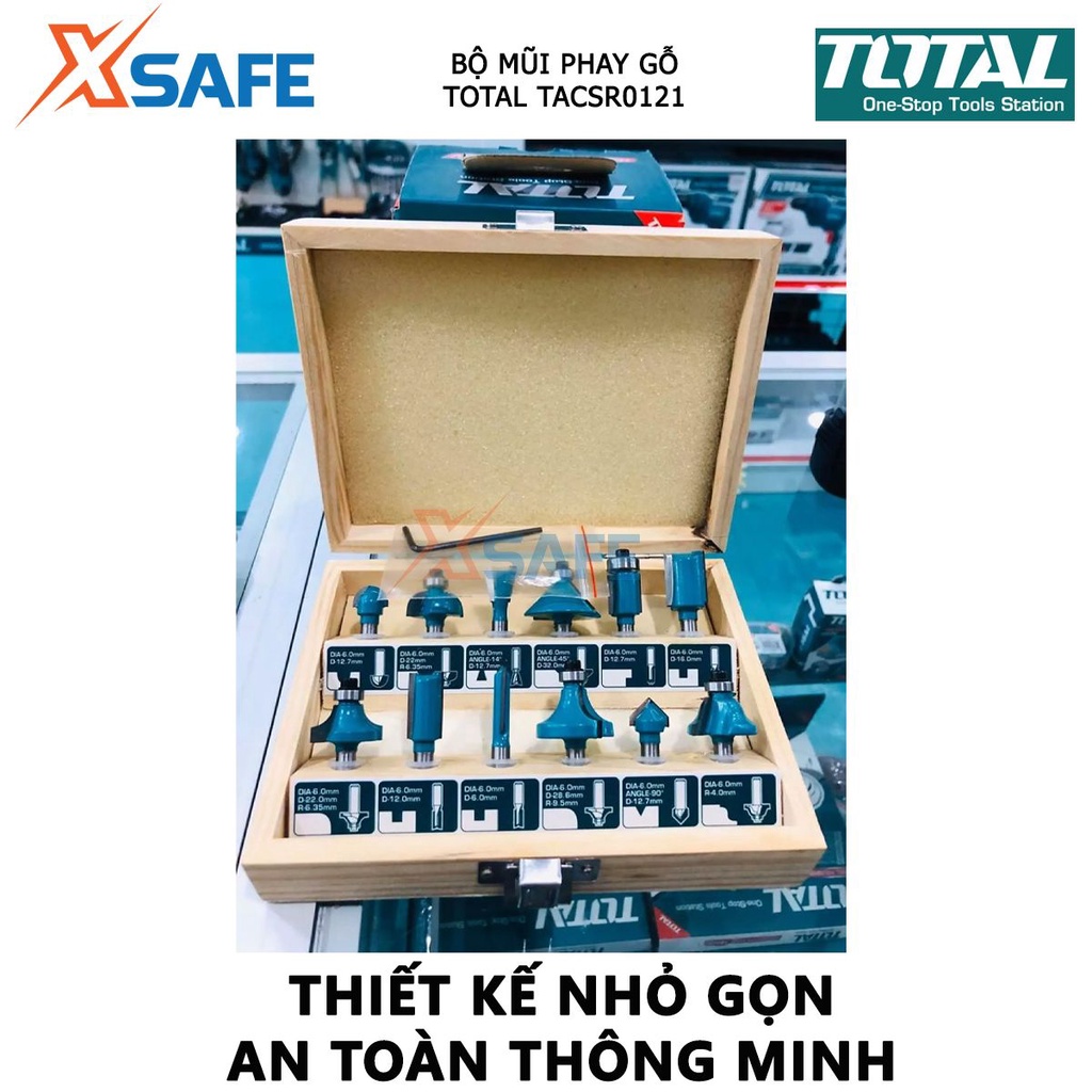 Bộ 12 mũi phay gỗ TOTAL đường kính mũi 6-8-12mm, dùng tạo hình, chạm khắc bề mặt gỗ - chính hãng