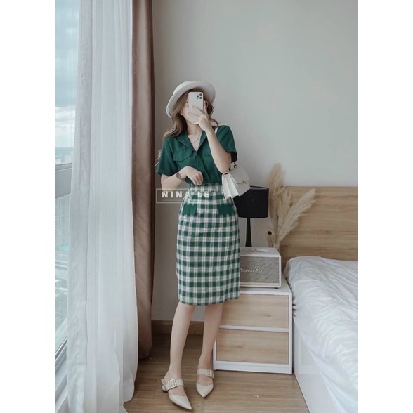 SET ÁO SƠ MI XANH+ CHÂN VÁY CARO MIDI