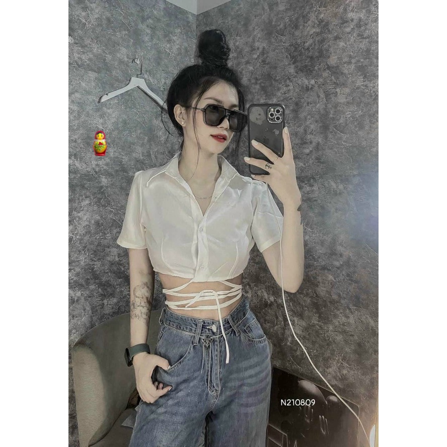 Áo sơ mi tay ngắn croptop quấn dây eo cực xinh , chất kate lụa mềm mịn