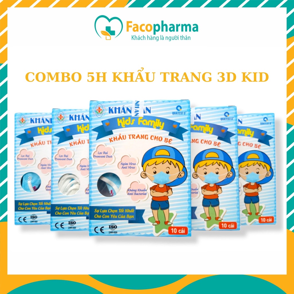 Combo 5 hộp khẩu trang cho bé 3d mask trẻ em size S kháng khuẩn em bé hộp 10 cái Khánh An x5KA3DCS