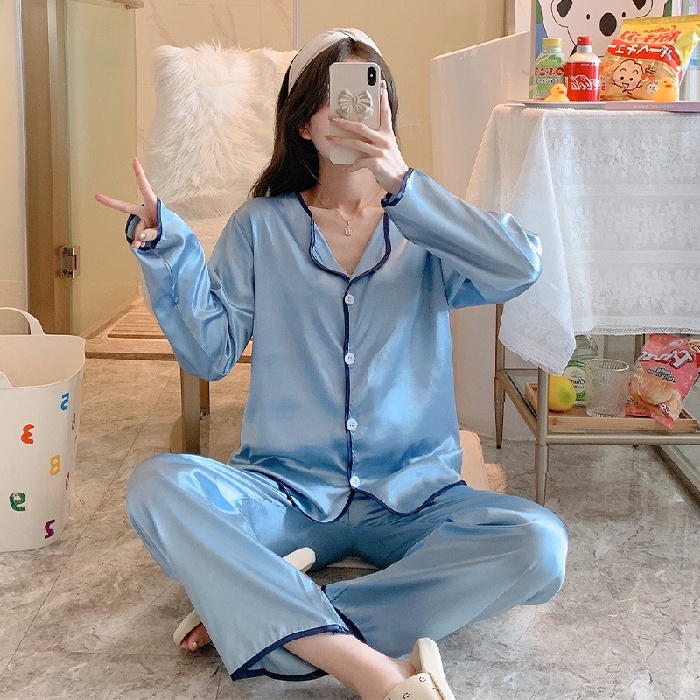 Set Đồ Ngủ Pijama Dài Tay Chất Phi Bóng Cho Nữ