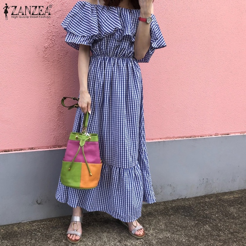 Đầm Zanzea trễ vai tay ngắn họa tiết sọc caro thời trang xinh xắn cho nữ