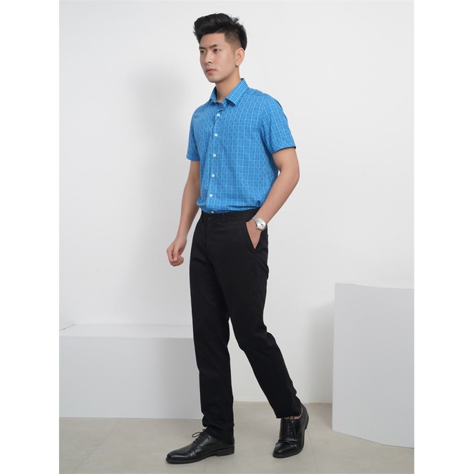 Áo sơ mi nam ngắn tay ARISTINO kẻ caro xanh , sợi tre, dáng slimfit ASS065S8