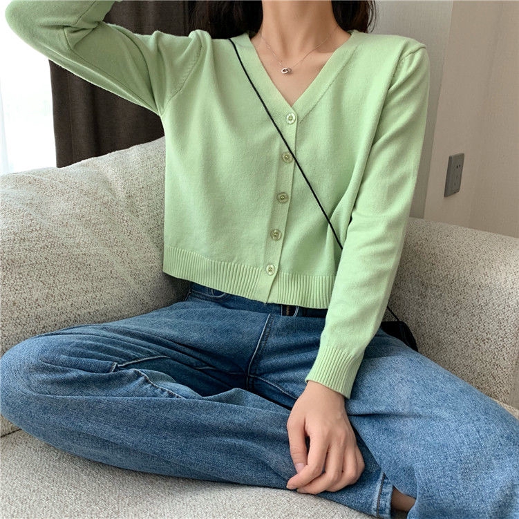 Áo Khoác Cardigan Dệt Kim Mỏng Dáng Rộng Ngắn Tay Dài Cổ Chữ V Màu Trơn Phong Cách Hàn Quốc Cho Nữ