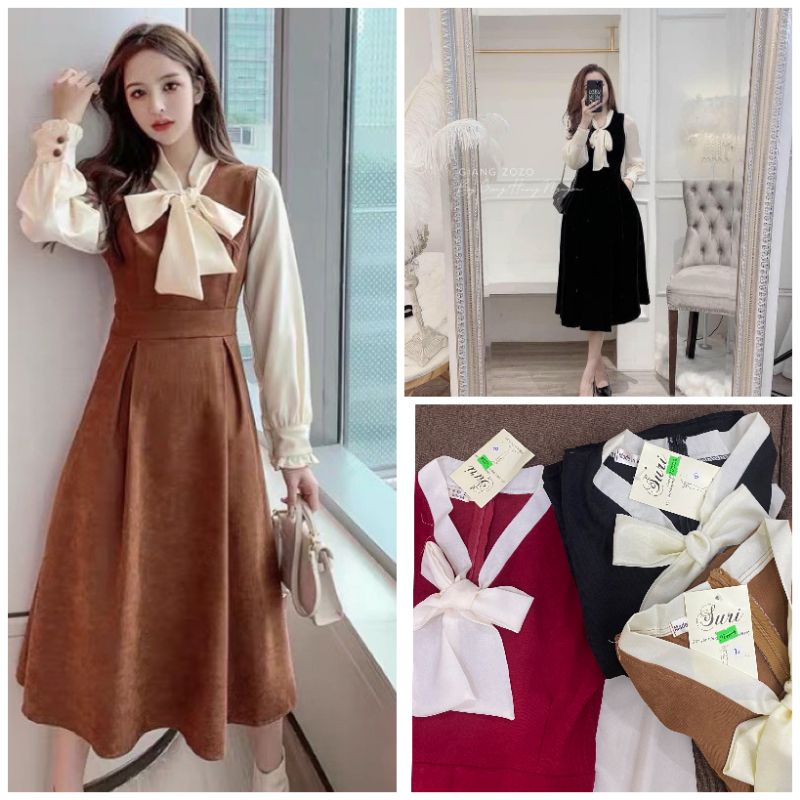 Váy dạ nhung tay bèo phối nơ cổ có khoá kéo sau lưng dáng xoè dài