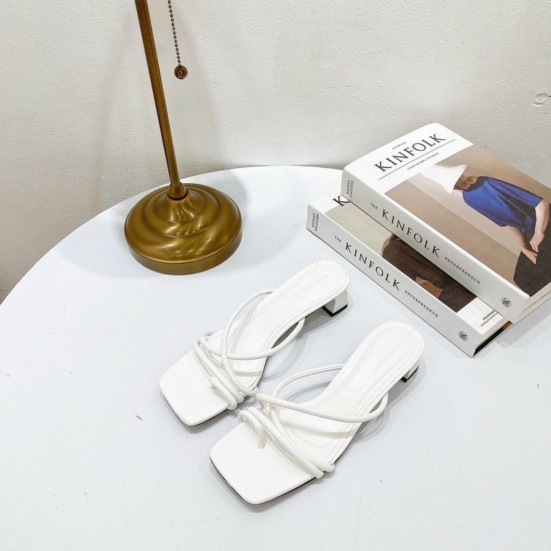 Dép Xỏ Ngón Dây Ống Quai Da Mềm Gót 3 Phân. Guốc Cao Gót Đế Vuông 3 Phân Quai Dây Xỏ Ngón