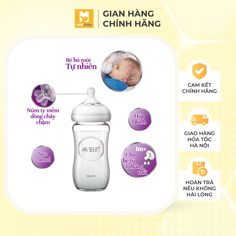 Bình sữa thủy tinh Philips Avent Natural 120ml/240ml mô phỏng tự nhiên, van chống sặc chống đầy hơi - Herbaby