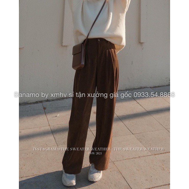 Quần ống rộng nữ dài 100cm chất nhung tăm cạp khóa trước thời trang Banamo Fashion 952