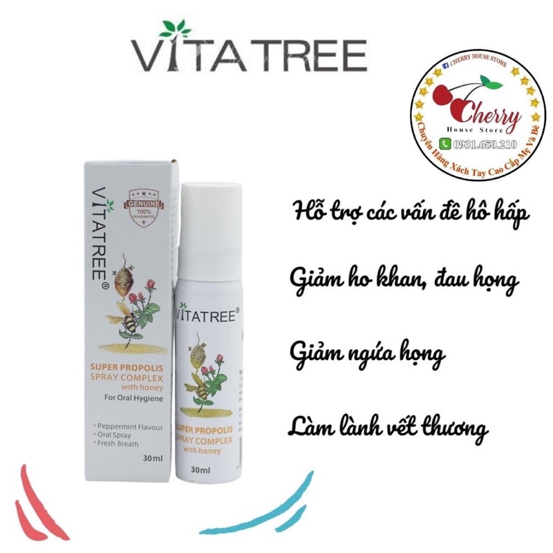 Xịt keo ong Vitatree Úc Super Propolis Spray Manuka Honey 30ml giảm ho đau họng, kháng khuẩn tăng đề kháng