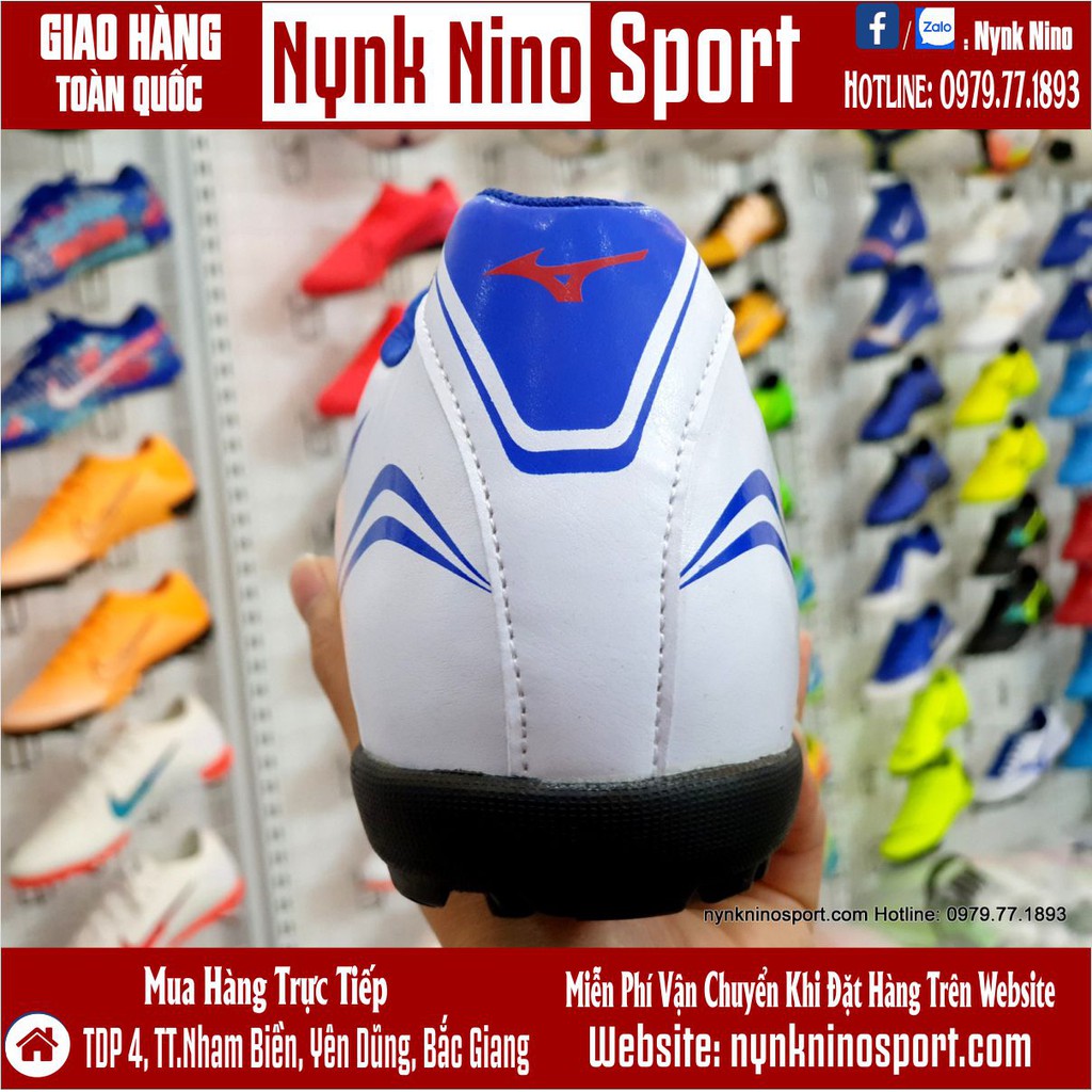Giày Bóng Đá Mizuno Monarcida Neo Classic Trắng Vạch Xanh Biển TF