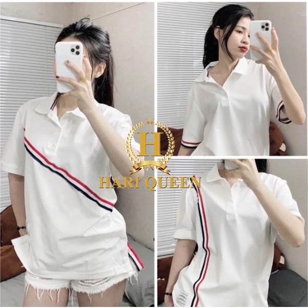 Áo polo Thom tay lỡ 3 mẫu sọc form nam nữ họa tiết CAMNHUNG