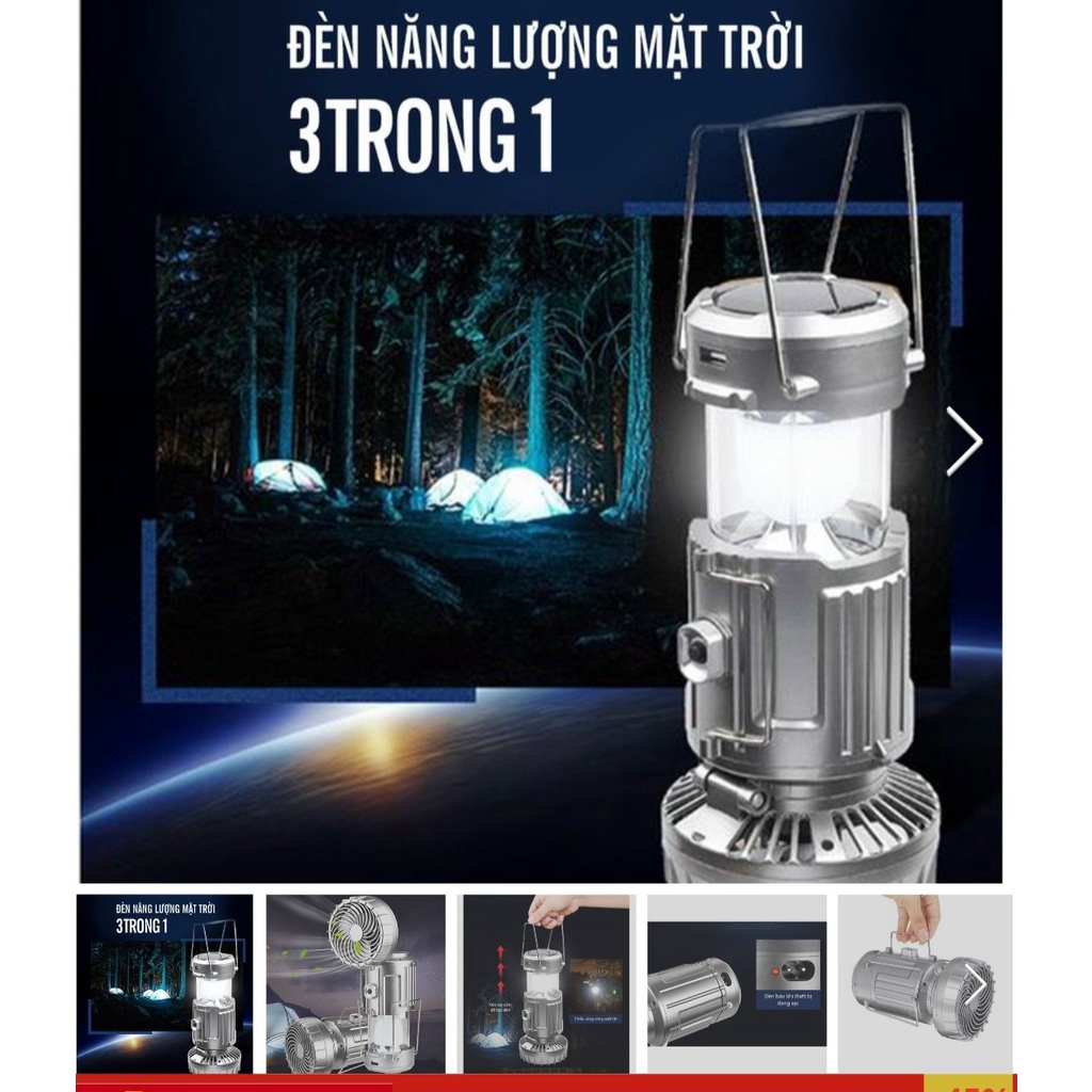 Đèn năng lượng mặt trời đèn tích điện 3in1 đèn chiếu sáng kèm quạt tích điện và sạc điện thoại vô cùng tiện lợi vovoco