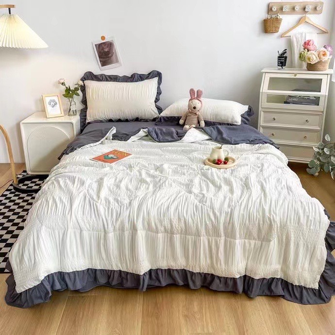 Bộ chăn ga gối Cotton Đũi mây viền bèo xinh xắn, bộ 4 món chăn trần hè cao cấp mềm mịn thoáng khi thấm hút mồ hôi