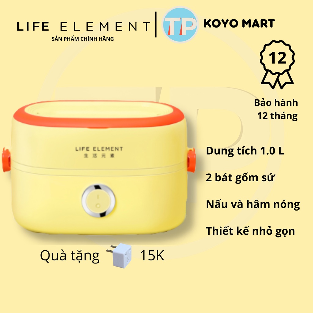 Hộp cơm cắm điện Life element F100S, 2 bát gốm sứ, 1 lít, nấu chín cơm, hâm nóng, giữ nhiệt, hộp cơm văn phòng, cặp lồng