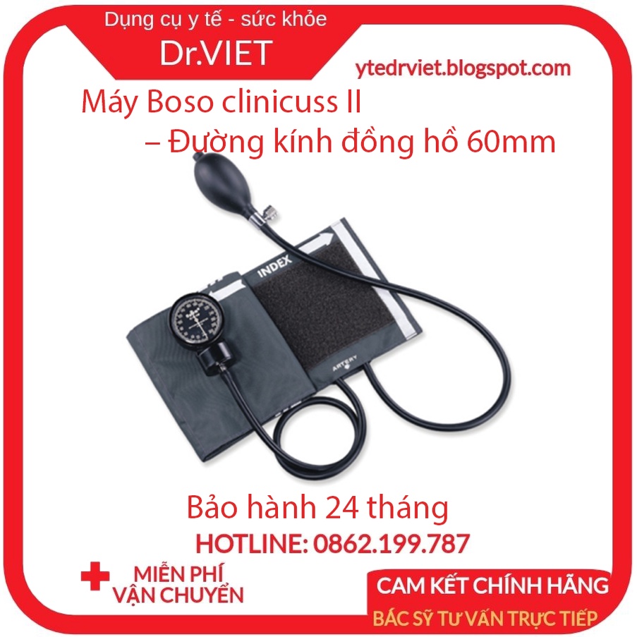 Máy Boso clinicus 2 – Đường kính đồng hồ 60mm. Thân và kính vòng được làm bằng nhựa rất bền. Bảo hành 24 tháng