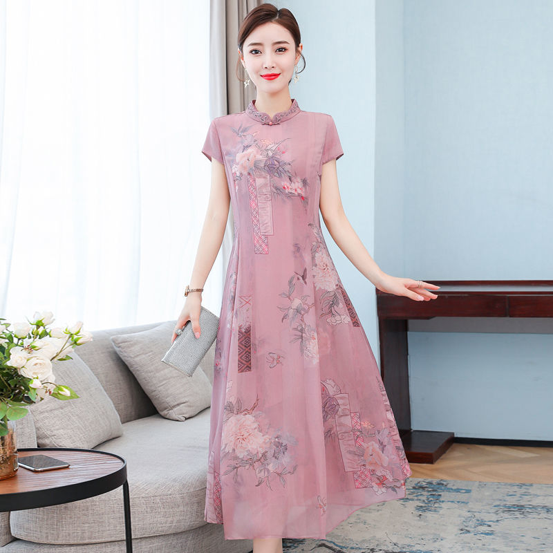 Dress chiffon dress female short-sleeved long print improved version cheongsam dress summer new style embroidery printing