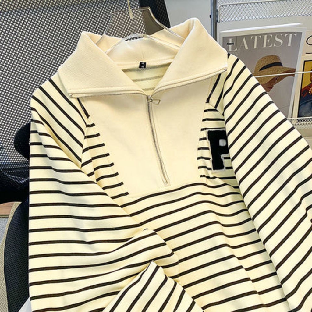 Áo Khoác Cổ Đứng Dáng Rộng Họa Tiết Kẻ Sọc Có Khóa Kéo Phong Cách Hàn Quốc Thời Trang Mùa Thu Cho Nữ