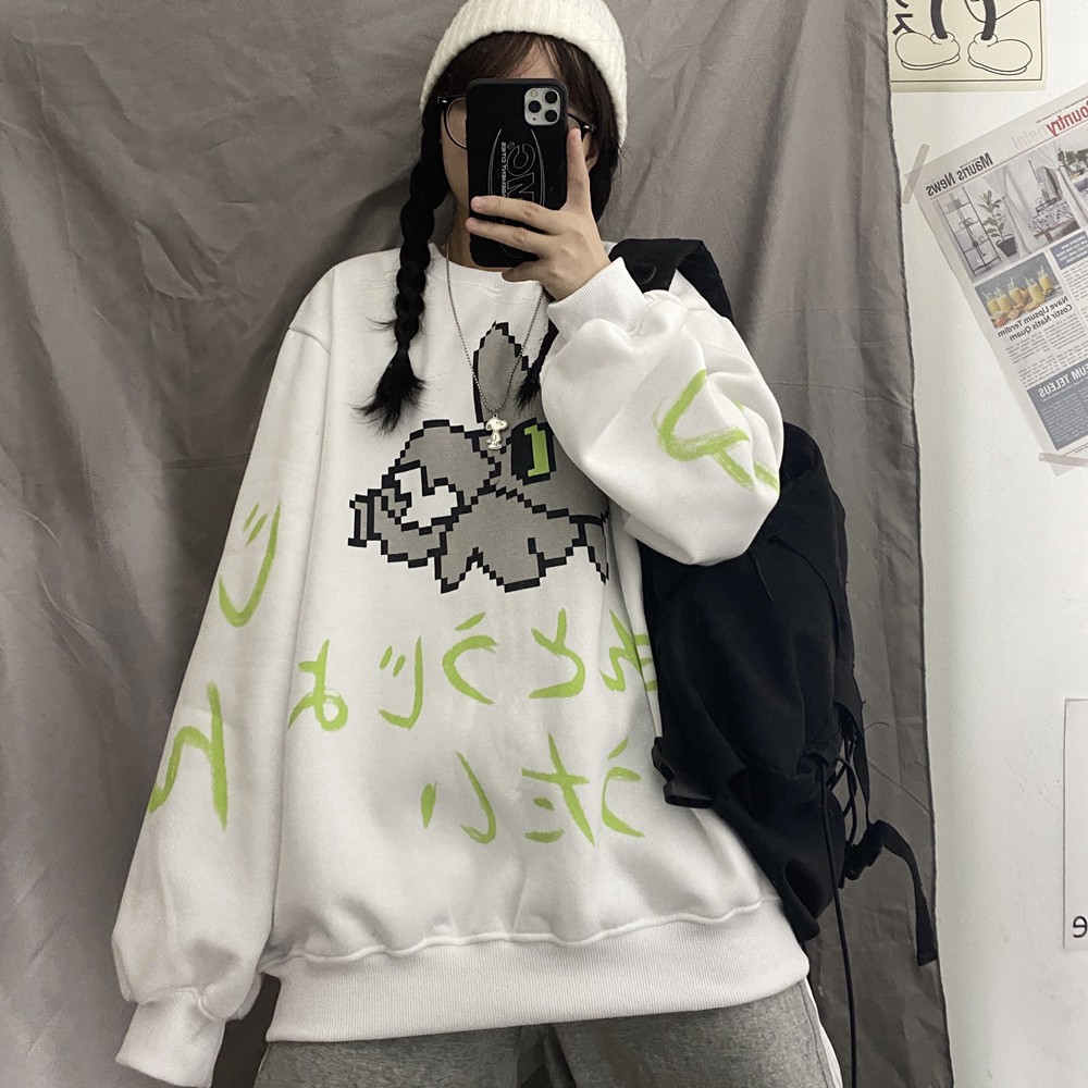 Áo Sweater Dáng Rộng Phối Nhung In Họa Tiết Graffiti Kiểu Hàn Quốc Cá Tính Cho Các Cặp Đôi