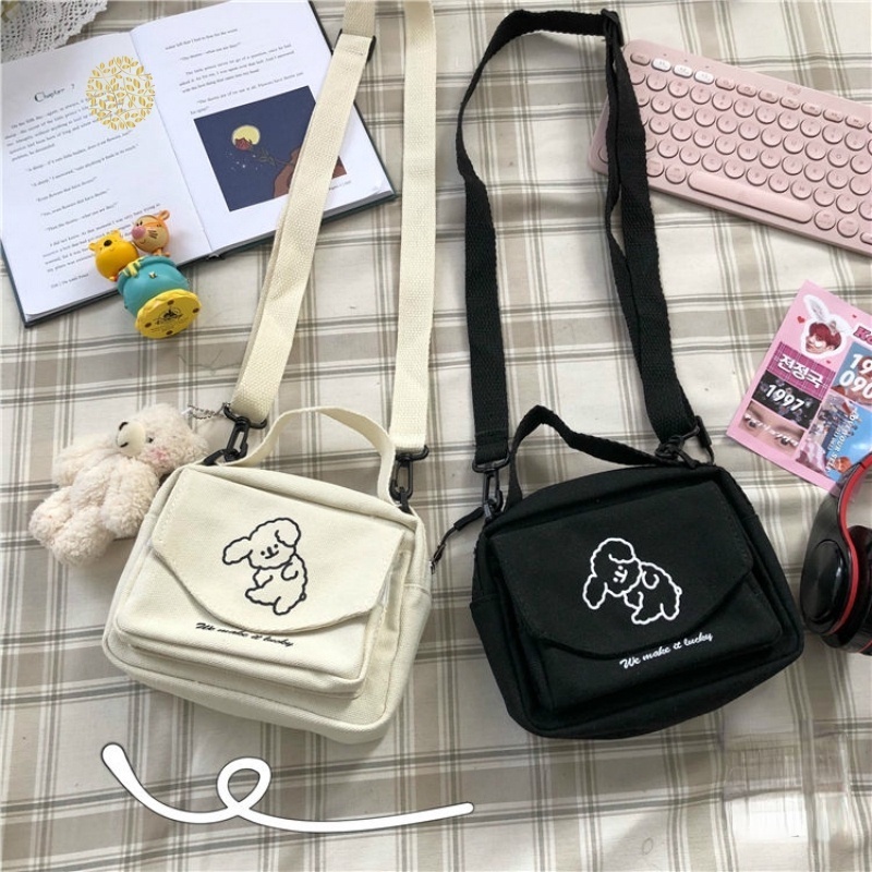 Túi canvas đeo chéo thêu hình cún phong cách Harajuku Nhật Bản đáng yêu cho nữ