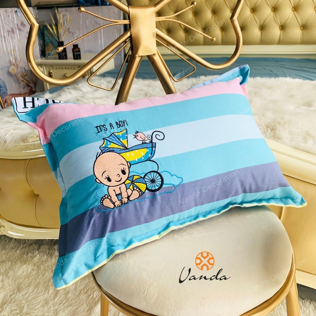 Ruột gối đầu bông gòn kháng khuẩn cao cấp kèm vỏ cotton thêu hình ngộ nghĩnh cho bé