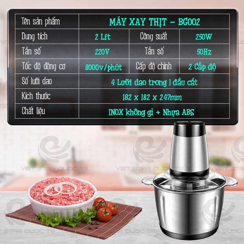 Máy xay thịt inox không gỉ & thủy tinh cao cấp, nhựa ABS, công suất 250W, dung tích 2 lít, chính hãng bảo hành 12 tháng