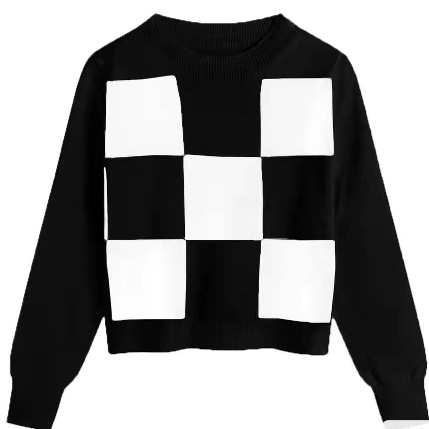 SUXI Áo sweater dệt kim tay dài lưng cao kẻ caro phong cách Hàn Quốc cá tính cho nữ