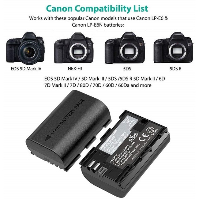 PIn RAVPower LP-E6 dùng cho Canon EOS 5D Mark IV, 5D Mark III, 5DS, 5DS R, 5D Mark II, 6D Mark II, 7D Mark II