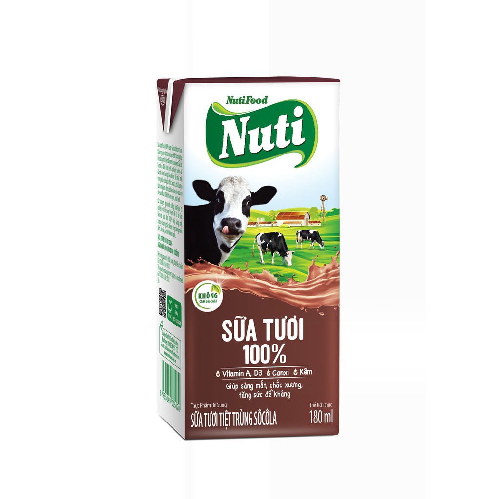 Lốc Sữa tươi Nutifood 100% Hương Sôcôla 4 hộp 180ml