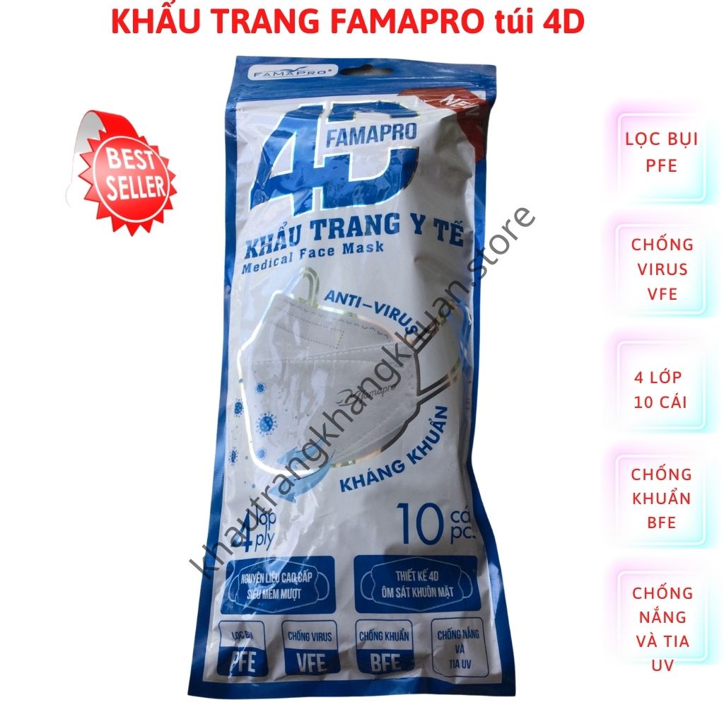 Khẩu trang FAMAPRO, Khẩu trang 4D, dạng túi [HÀNG TẬN XƯỞNG], kháng khuẩn &gt;98%, chống UV, bụi siêu mịn, [10 cái]