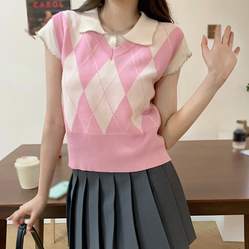 Áo không tay dệt kim cổ chữ v màu tương phản phong cách retro cổ điển Hàn Quốc