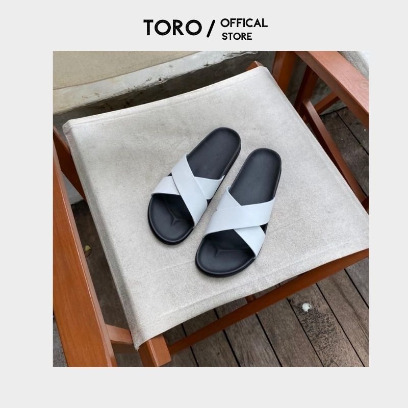 Dép da nam nữ  quai chéo Toro chất liệu da bò cao cấp , màu trắng đế cao su non T01