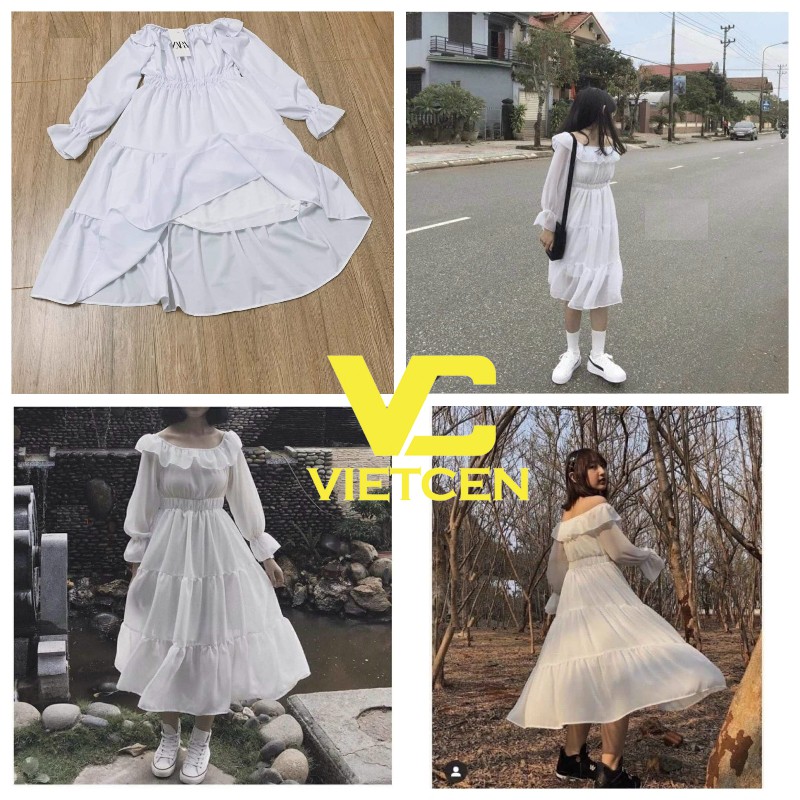 Váy Tiểu Thư Nữ Trắng Trễ Vai Vintage Hot Trend - VIETCEN