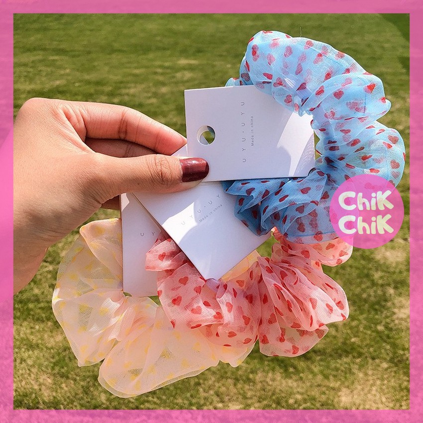 Buộc tóc vải scrunchies họa tiết trái tim T027