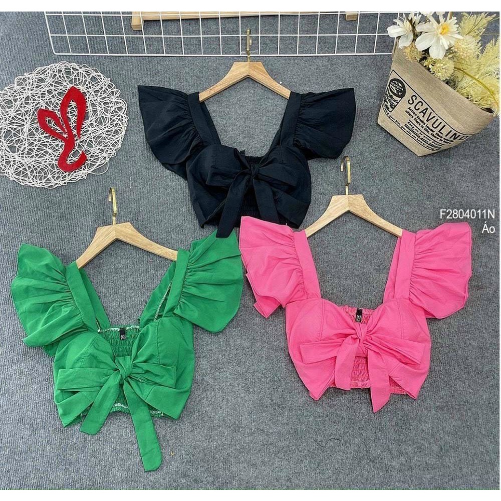 Áo kiểu croptop tay cánh tiên có mút cột nơ ngực nhún lưng cực xinh , chất kate mềm mát mk
