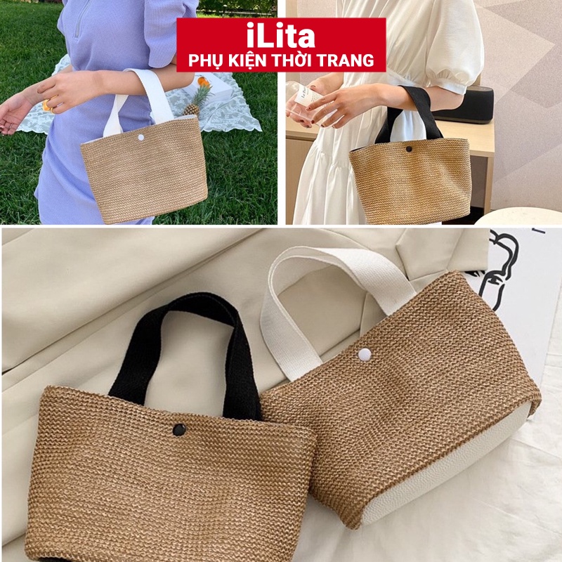 Túi Cói Đi Biển Boho Vintage Đeo Vai, Đeo Chéo Hình Vuông Chữ Nhật Dây Da Màu Trắng Đen