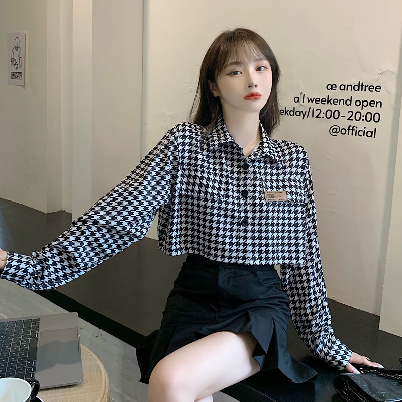 SUXI Áo sơ mi tay dài dáng rộng họa tiết kẻ sọc caro thời trang mùa thu Hàn Quốc trẻ trung năng động cho nữ