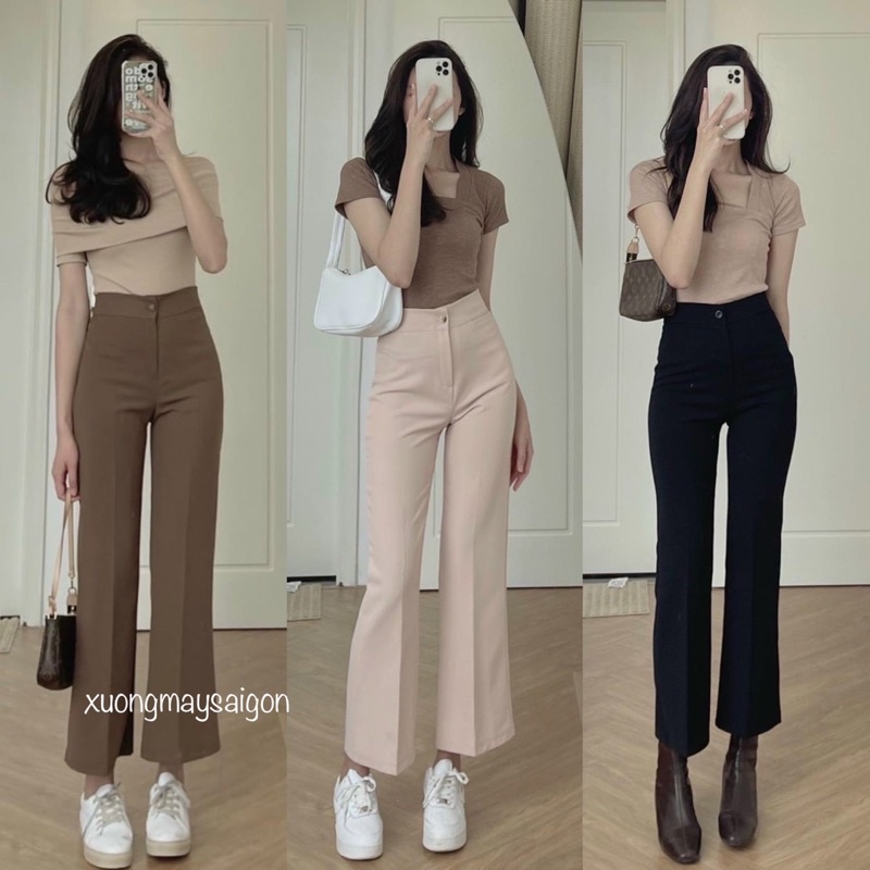 Quần ống loe lưng cao, Quần vải ống rộng che khuyết điểm hách dáng phong cách hàn quốc
