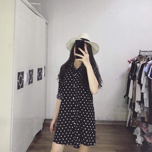 Váy sơ mi voan lụa chấm bi loại 1