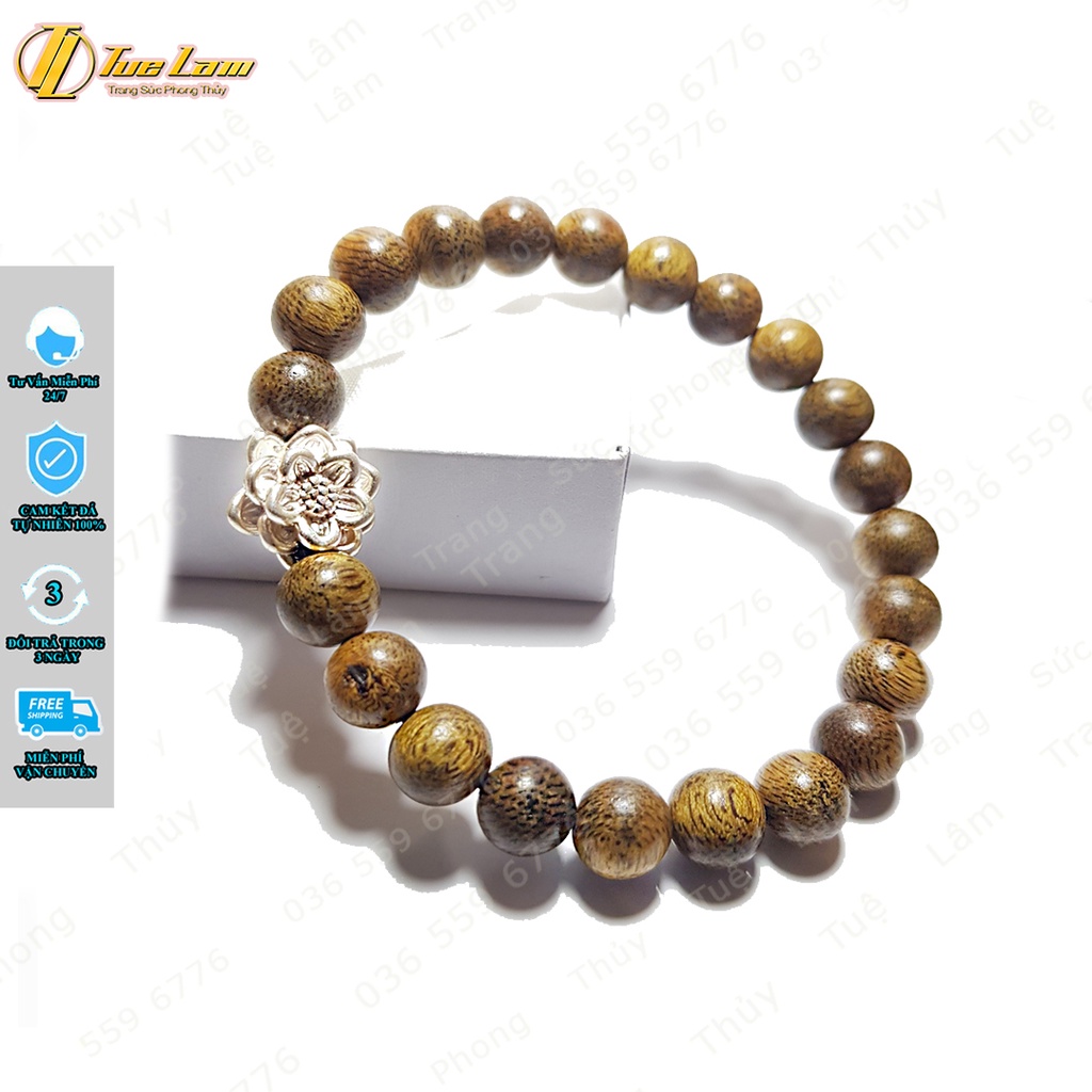 Vòng tay hạt gỗ trầm hương tốc size 8 li mix charm hoa sen bạc bình an - Tuệ Lâm