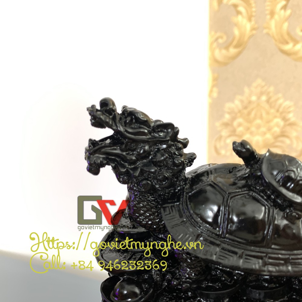 Tượng đá long quy _ Rùa đầu rồng trang trí phong thủy - Long quy cõng rùa con - Cao 10cm - Màu Đen Tuyền