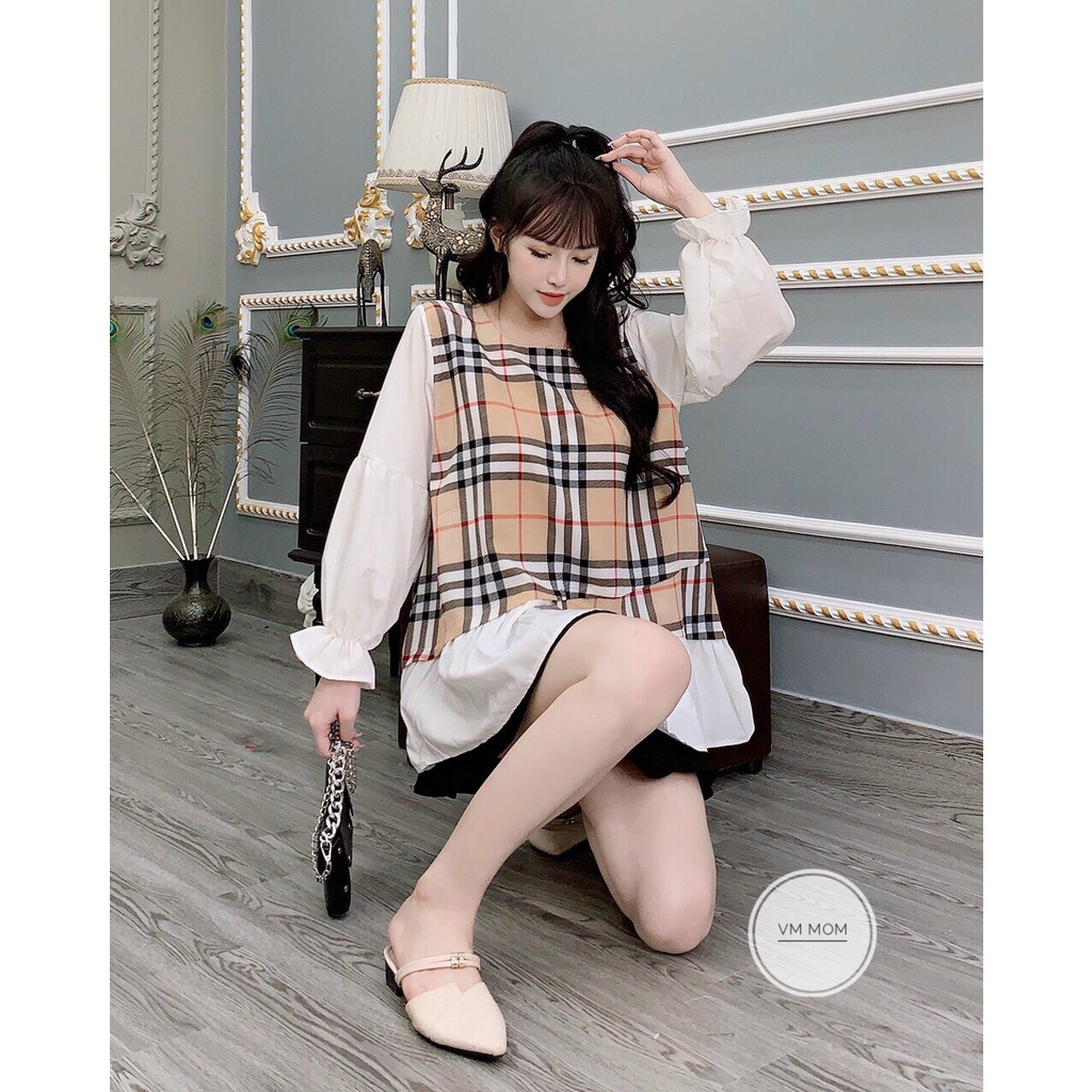 Áo bầu kẻ XUÂN HÈ dáng babydoll trẻ trung, có nơ bụng, chất cotton cho mẹ bầu đi làm đi chơi freesize 45-65kg - 𝐀𝐁𝟎𝟓