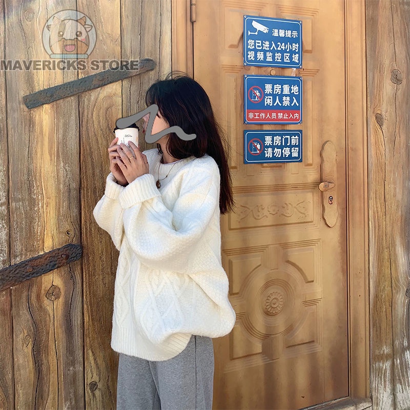 Áo sweater Dệt Kim Dày Dáng Rộng Màu Trắng Phong Cách Hàn Quốc Thanh Lịch Mùa Đông