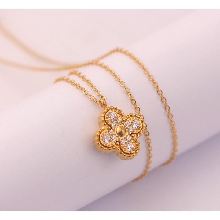 Dây chuyền nữ titan Hoa 4 cánh L V đính đá siêu đẹp, bền màu, chuẩn thời trang